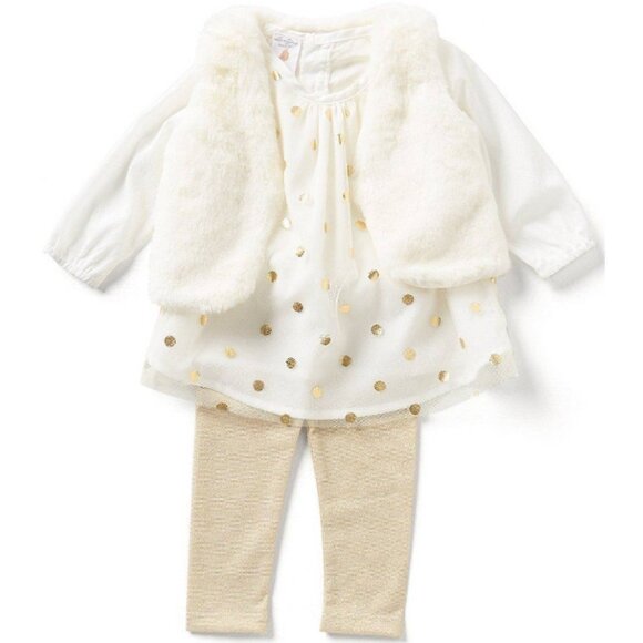 Starting Out White & Gold Sparkle 3PC Set, Faux Fur Vest, Shirt, & Leggings, NWT - Picture 1 of 7